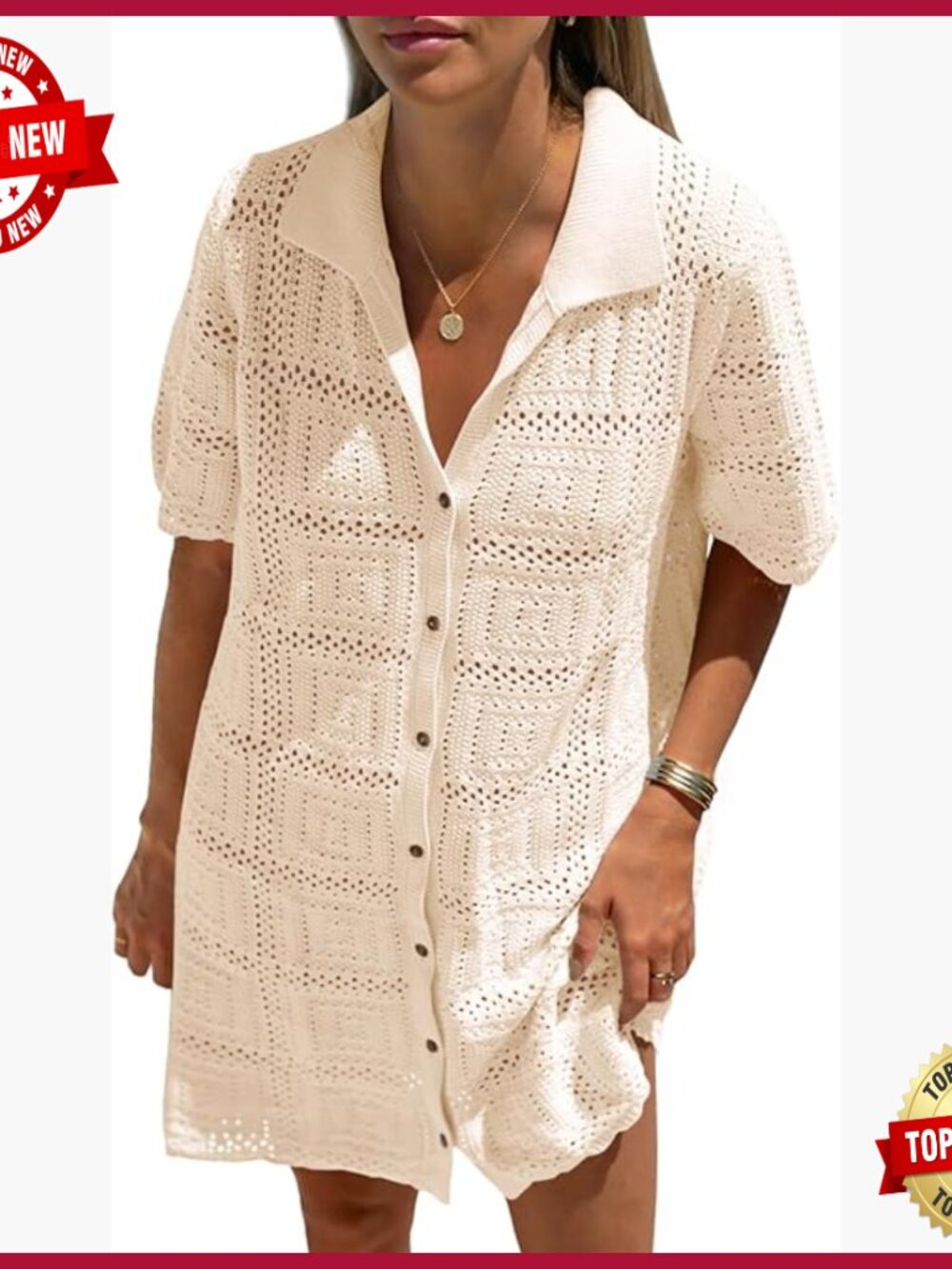 Medium Crochet Cover Up Dress Short Sleeve V Neck Beach Swimsuit